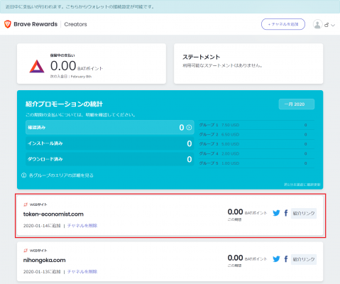 Brave Rewards Creators画面にウェブサイトが追加された状態