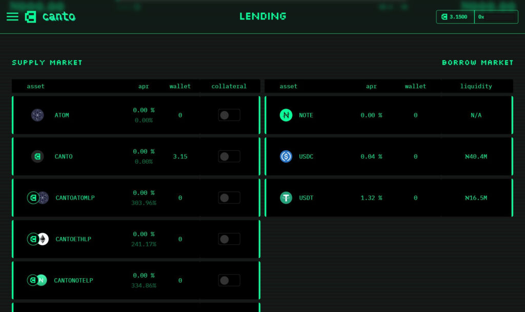 Canto Lending Market (CLM) の画面