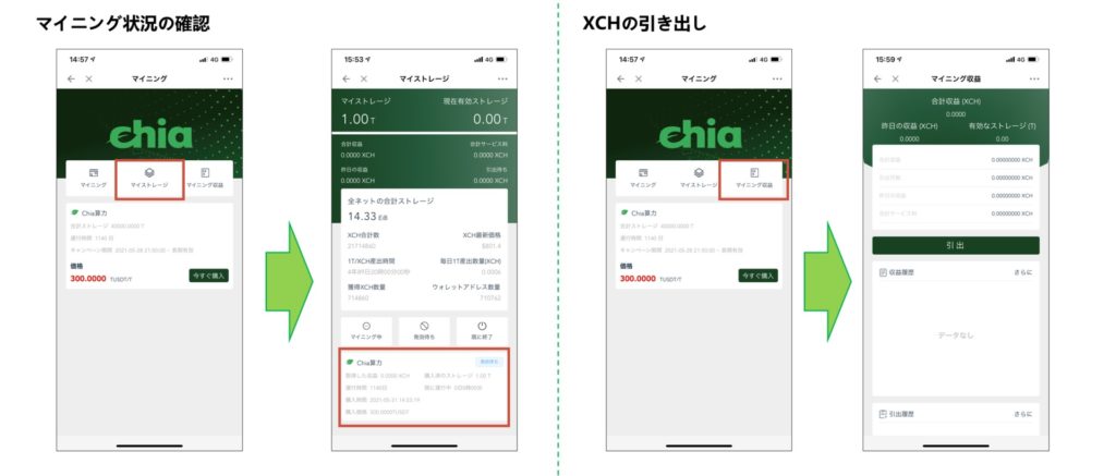 マイニング状況の確認とXCHの引き出し