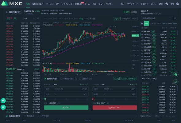MXCの現物取引画面