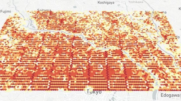 東京北部におけるNodleで参照可能なIoTデバイスのカバレッジ（色付きの部分）