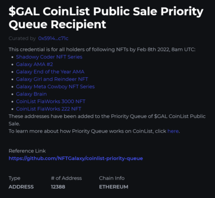 Project GalaxyのCoinList優先キューのクレデンシャルデータ 